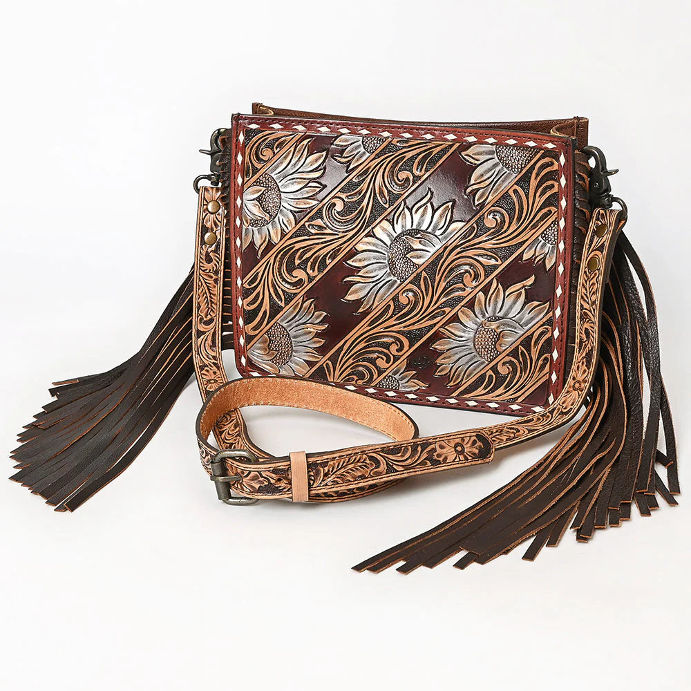 Hand-Tooled Leather Crossbody Bag with Sunflowers & Fringe Strap