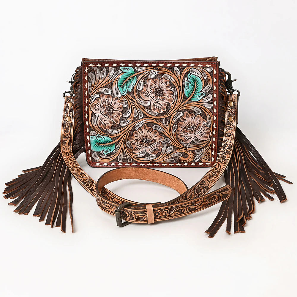 Hand-Tooled Leather Crossbody Bag with Floral  & Fringe Strap