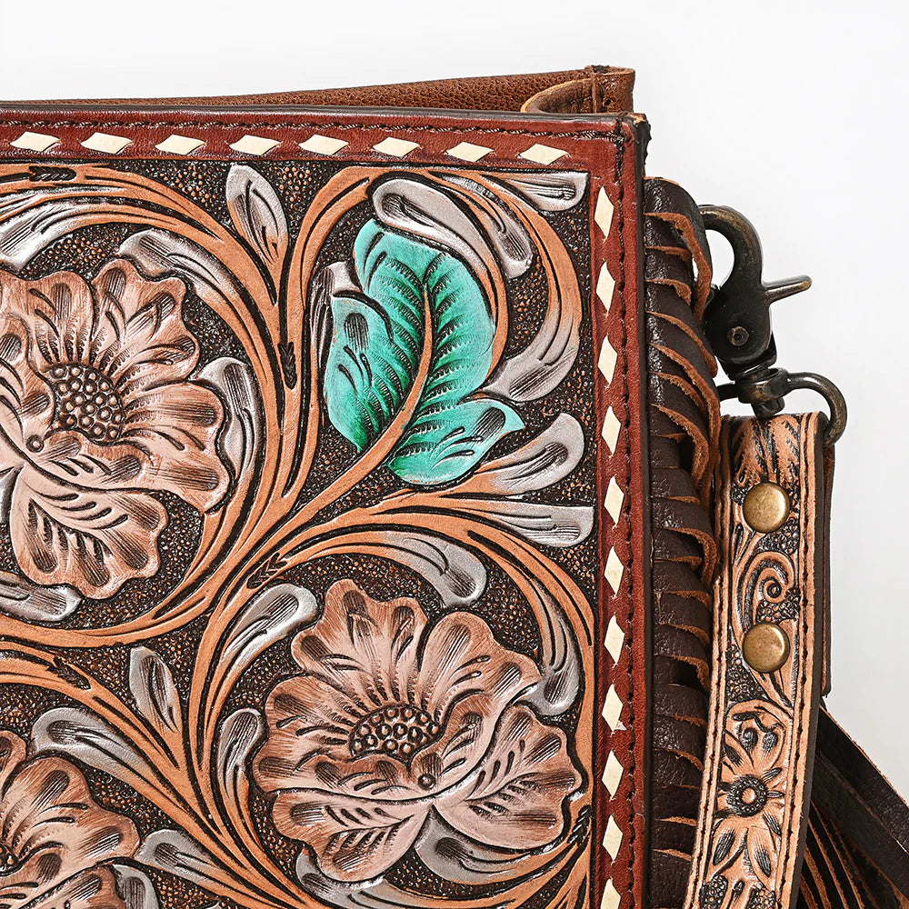 Hand-Tooled Leather Crossbody Bag with Floral  & Fringe Strap