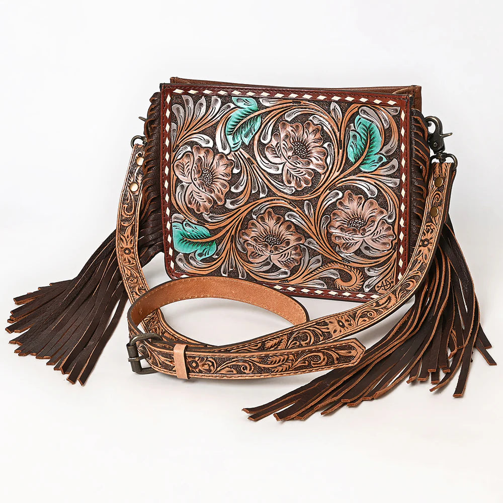 Hand-Tooled Leather Crossbody Bag with Floral  & Fringe Strap