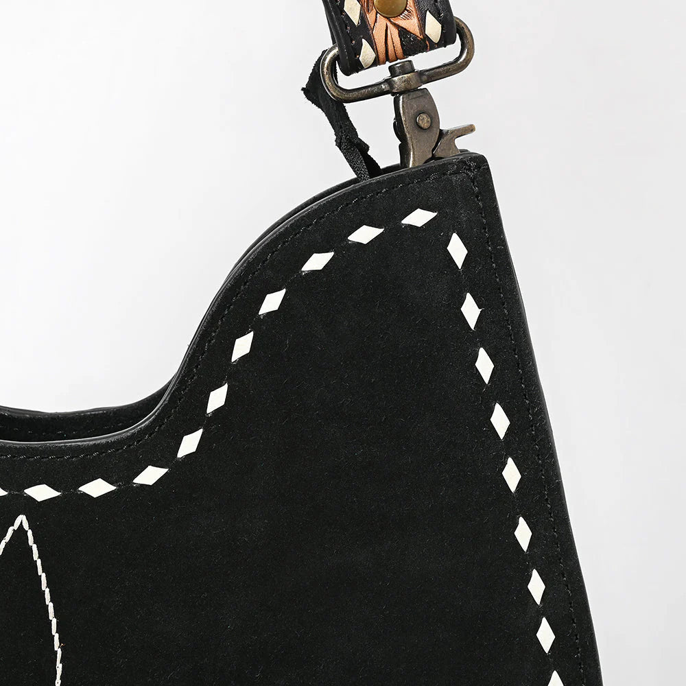 Suede Hobo Bag with Hand Tooled Leather Strap & White Stitch Detailing