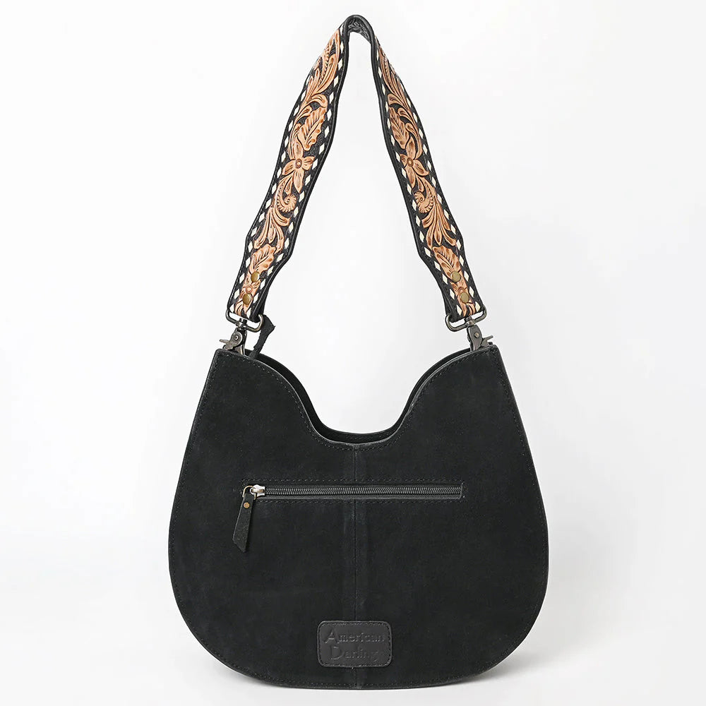 Suede Hobo Bag with Hand Tooled Leather Strap & White Stitch Detailing