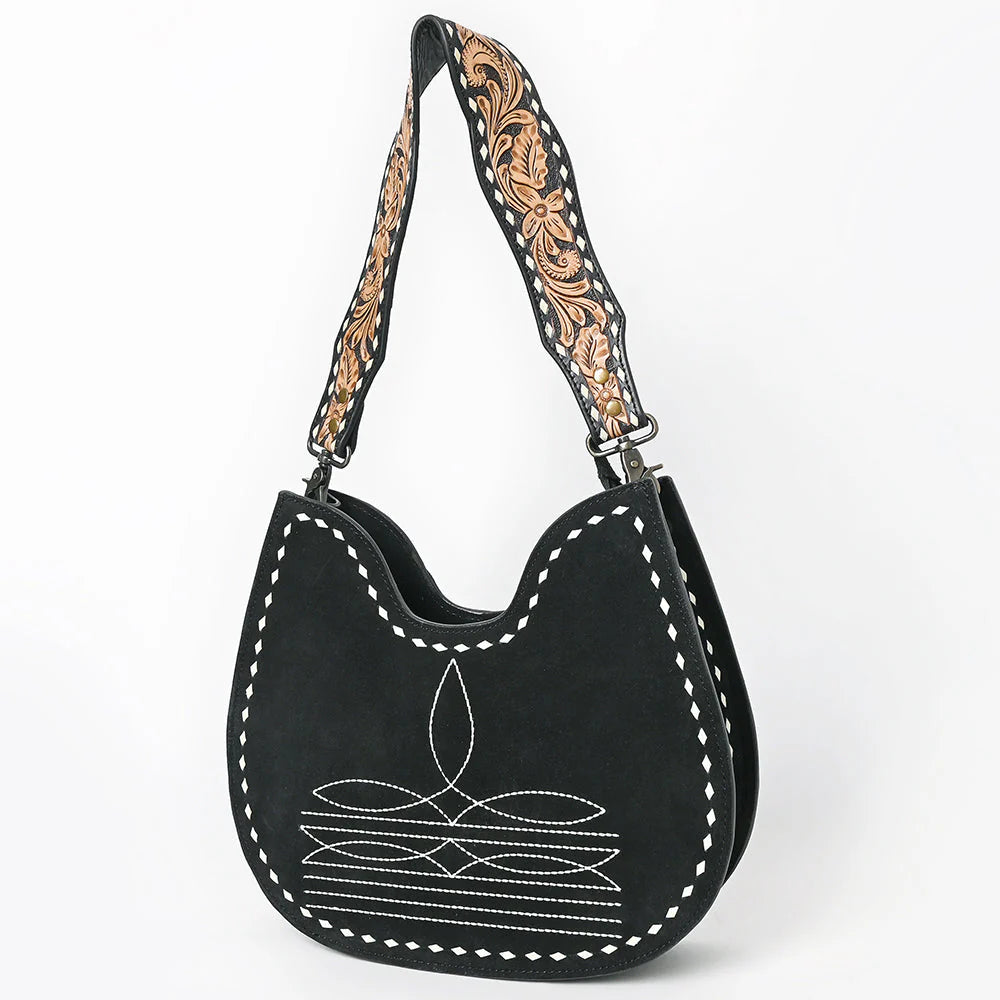 Suede Hobo Bag with Hand Tooled Leather Strap & White Stitch Detailing