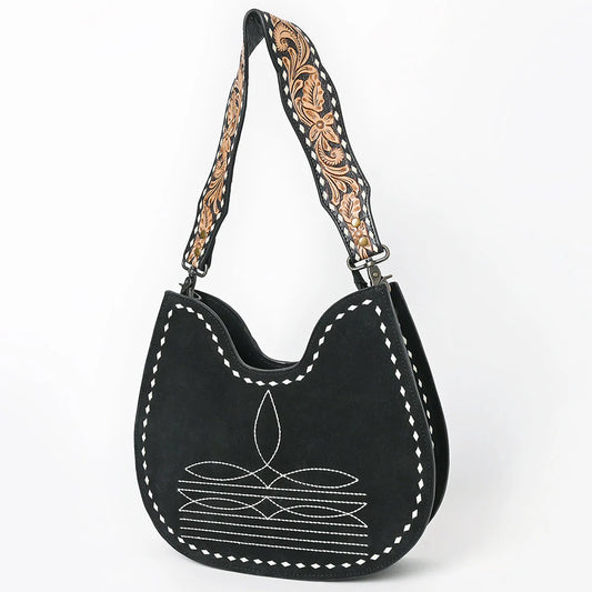 Suede Hobo Bag with Hand Tooled Leather Strap & White Stitch Detailing