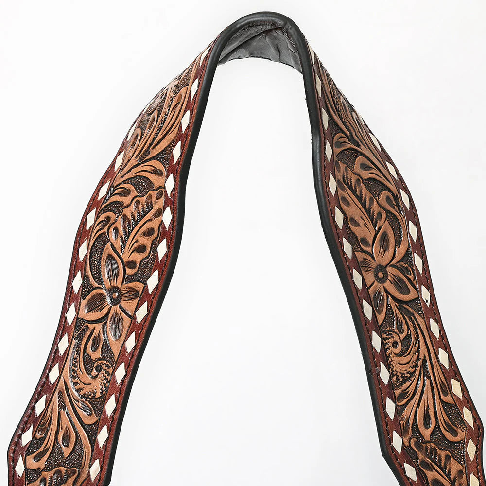 Suede Hobo Bag with Hand Tooled Leather Strap & White Stitch Detailing