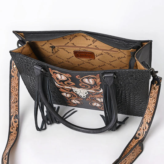 American Darling Black Croc Embossed Leather Western Tote with Longhorn Skull Applique Fringe & Tooled Strap