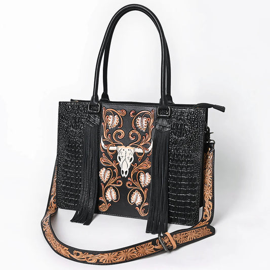 American Darling Black Croc Embossed Leather Western Tote with Longhorn Skull Applique Fringe & Tooled Strap