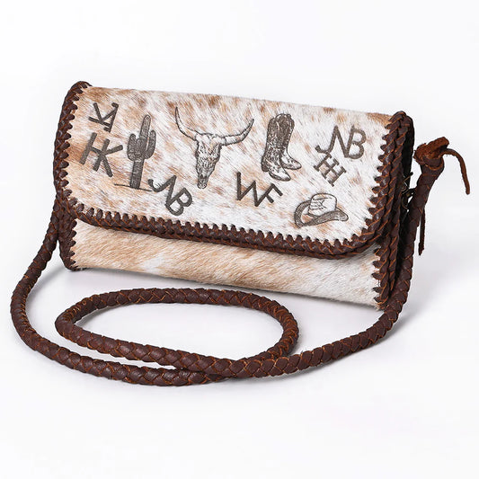 Western Clutch Crossbody - Hair-On Leather Bag with Cowboy Motif & Braided Strap