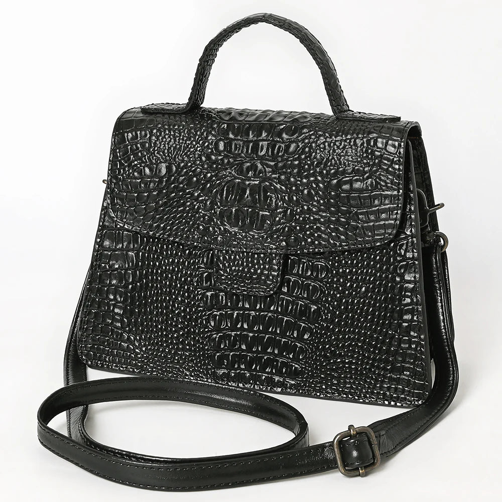 Black Crocodile-Embossed Leather Western Messenger Bag