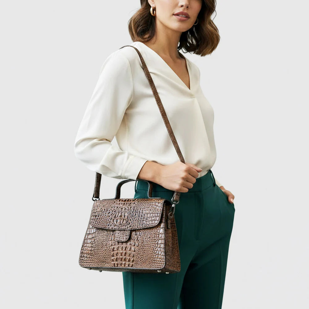 Brown Crocodile-Embossed Leather Western Messenger Bag