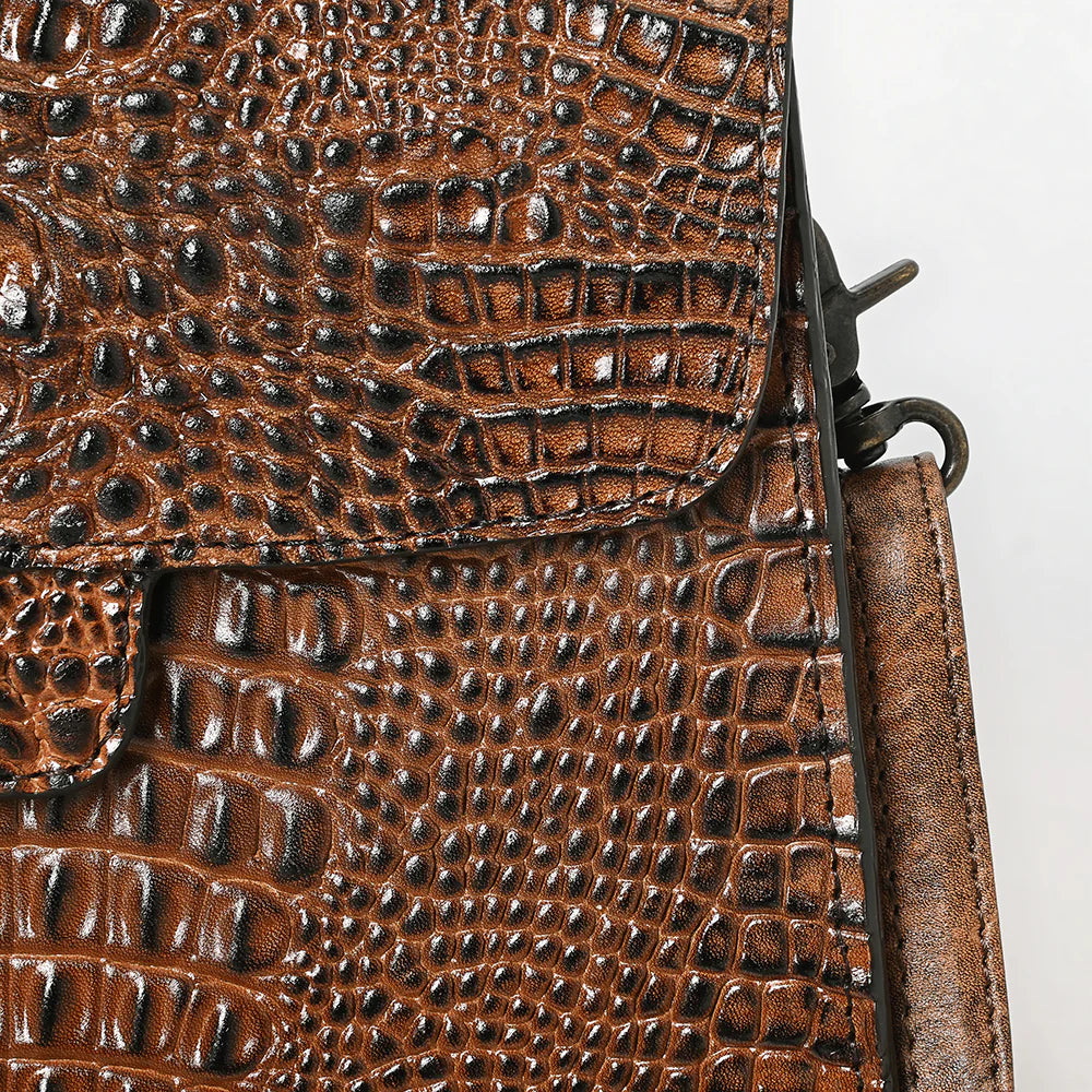 Brown Crocodile-Embossed Leather Western Messenger Bag