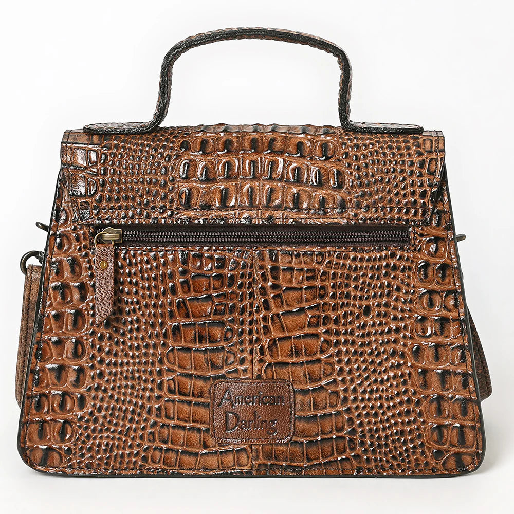 Brown Crocodile-Embossed Leather Western Messenger Bag