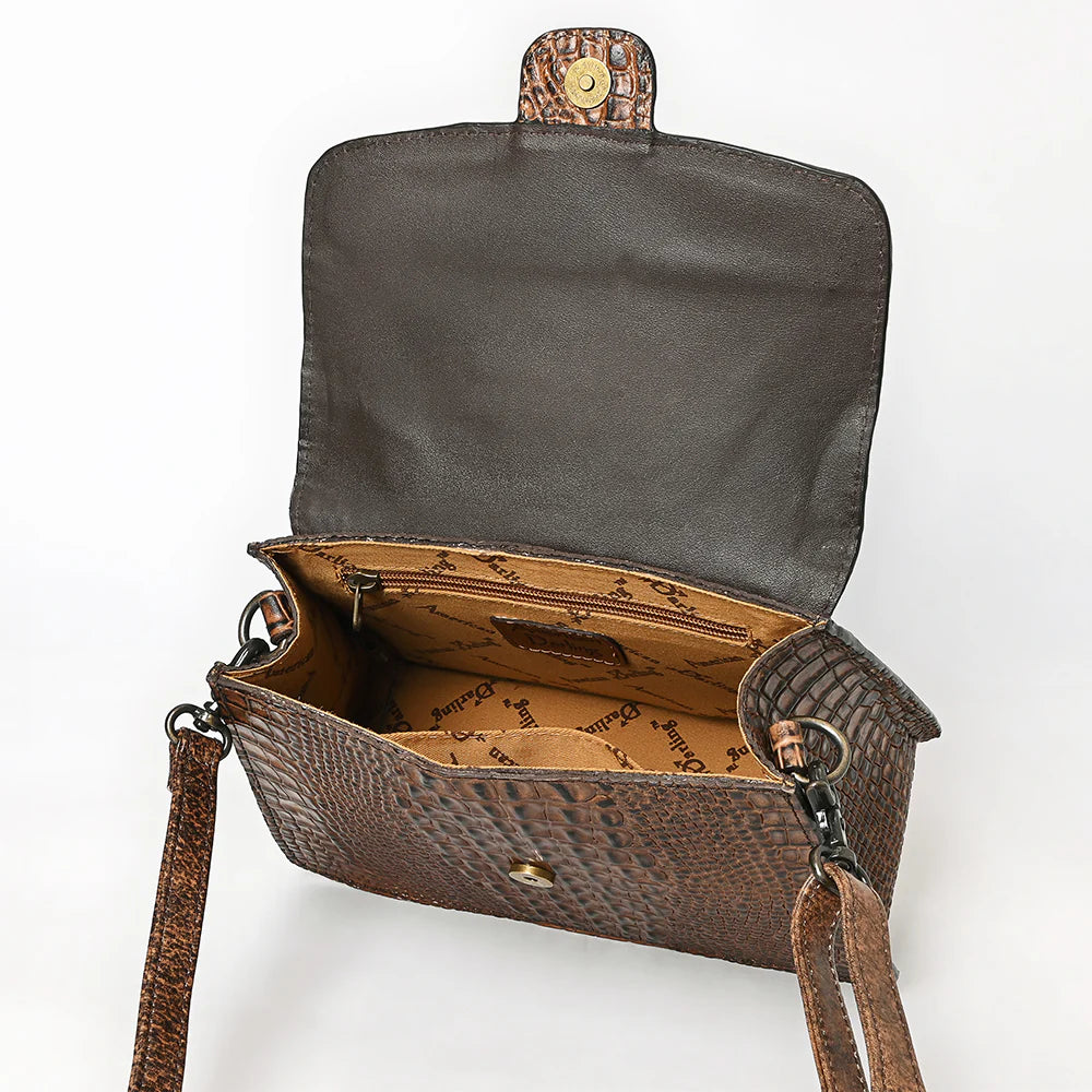 Brown Crocodile-Embossed Leather Western Messenger Bag
