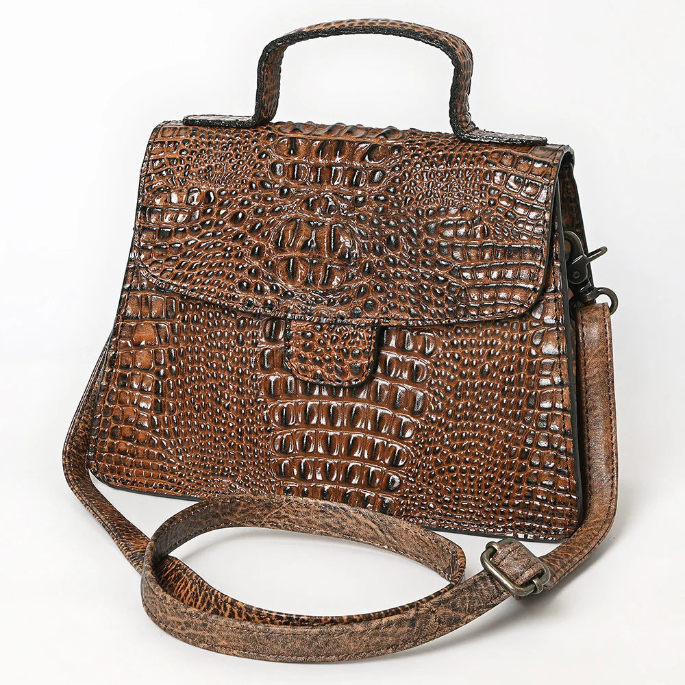 Brown Crocodile-Embossed Leather Western Messenger Bag