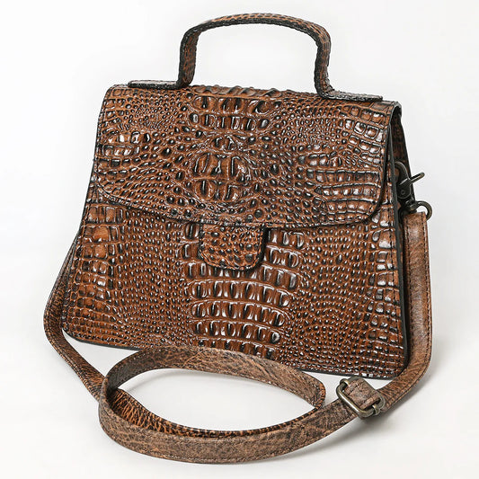 Brown Crocodile-Embossed Leather Western Messenger Bag