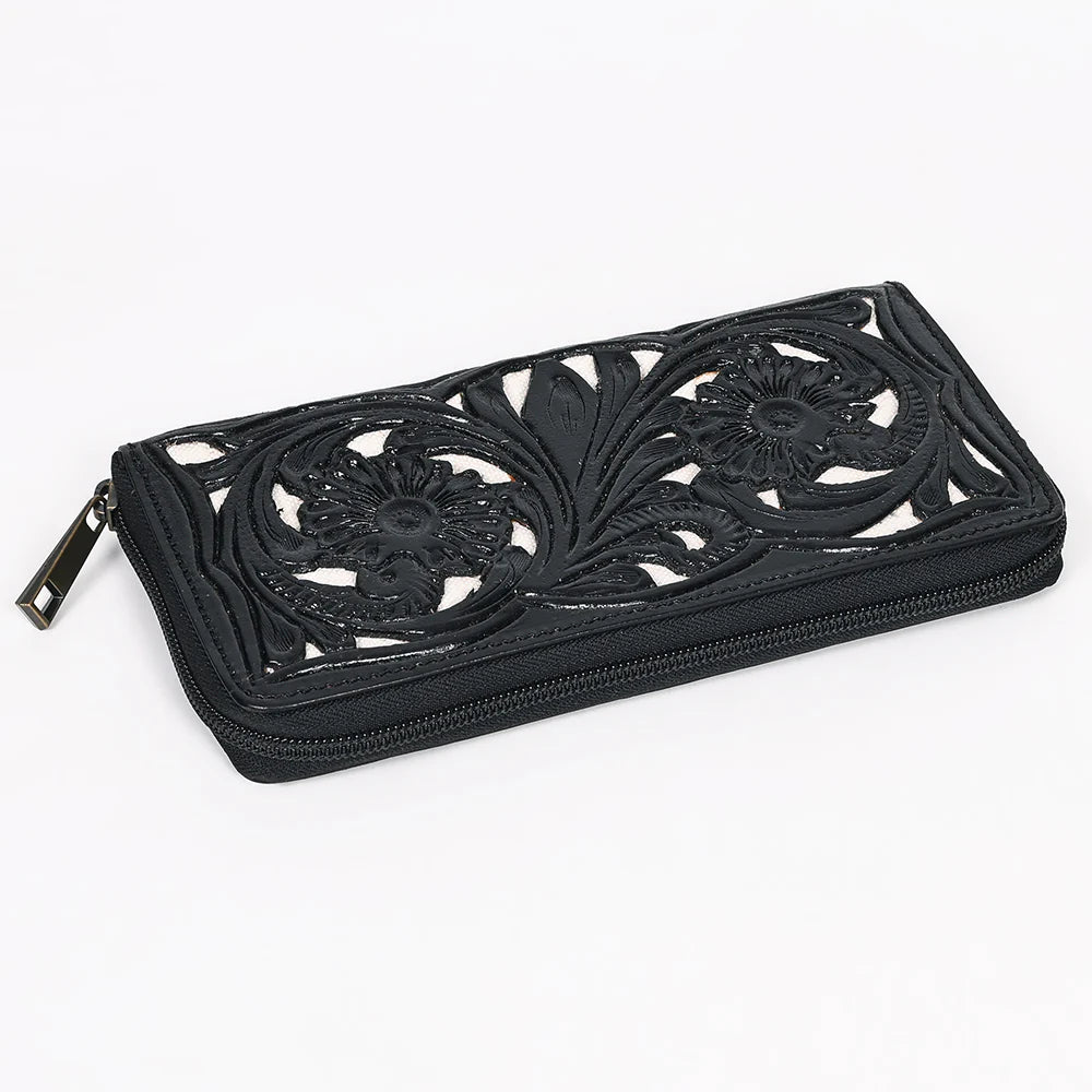 Black Hand-Tooled Leather Wallet - Western Floral Zip Wallet with Cream Contrast