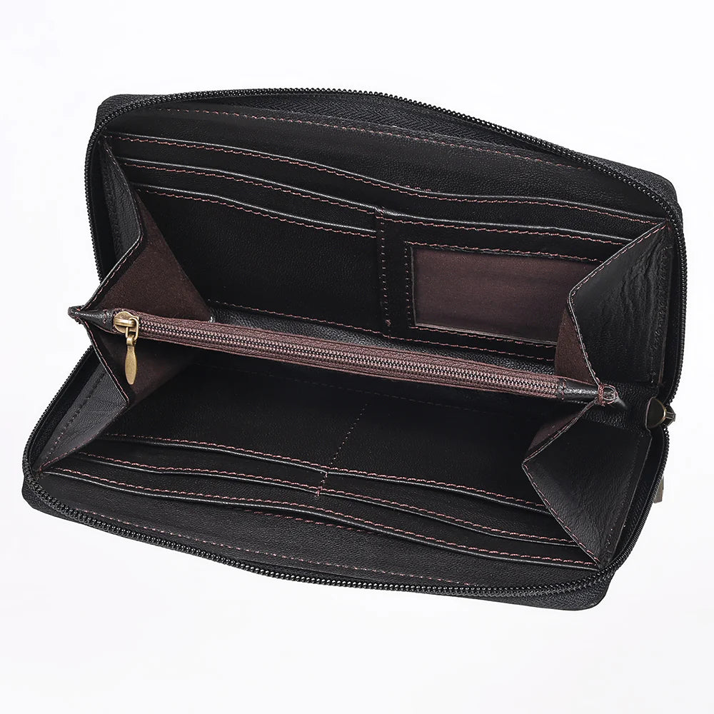 Black Hand-Tooled Leather Wallet - Western Floral Zip Wallet with Cream Contrast