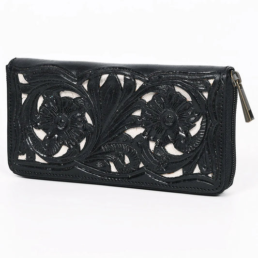 Black Hand-Tooled Leather Wallet - Western Floral Zip Wallet with Cream Contrast
