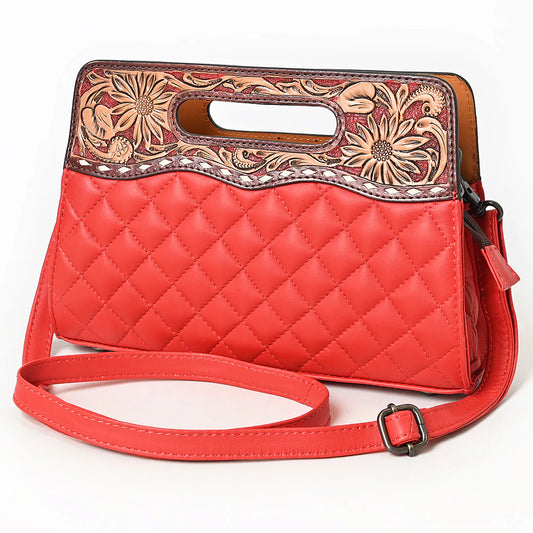 Tooled Floral Quilted Clutch Bag for Women Red