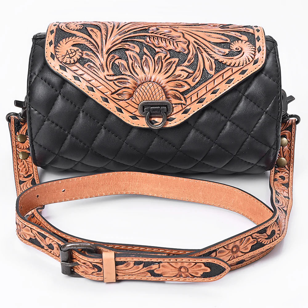 Cross body Bag Hand Tooled Floral Carved Quilted Genuine Leather Western Barrel Bag