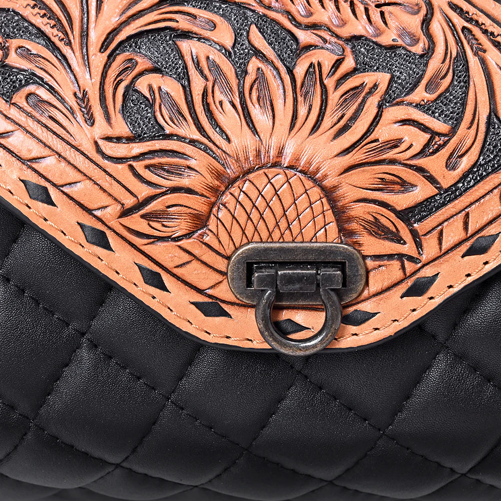 Cross body Bag Hand Tooled Floral Carved Quilted Genuine Leather Western Barrel Bag
