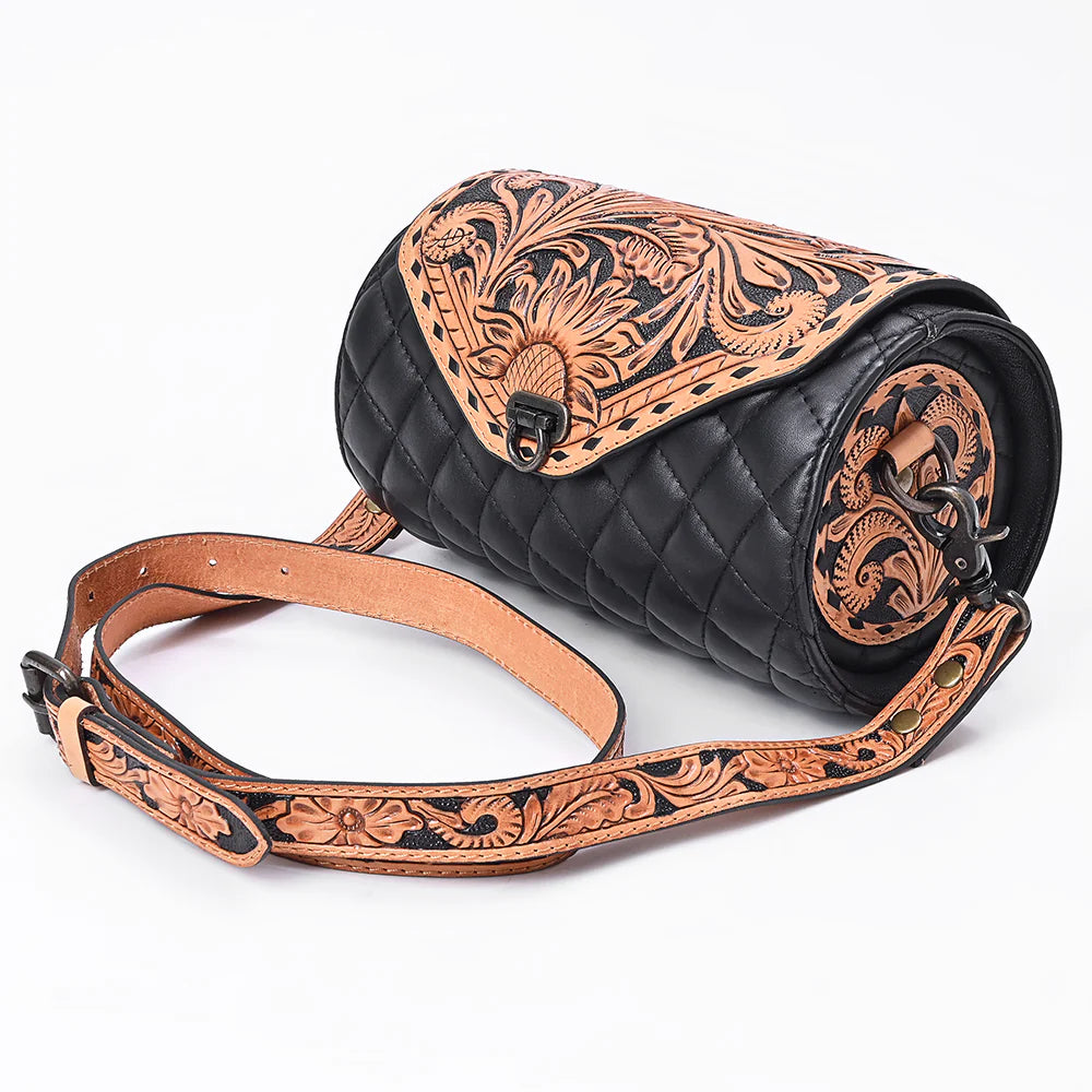 Cross body Bag Hand Tooled Floral Carved Quilted Genuine Leather Western Barrel Bag