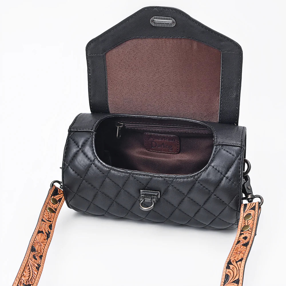 Cross body Bag Hand Tooled Floral Carved Quilted Genuine Leather Western Barrel Bag