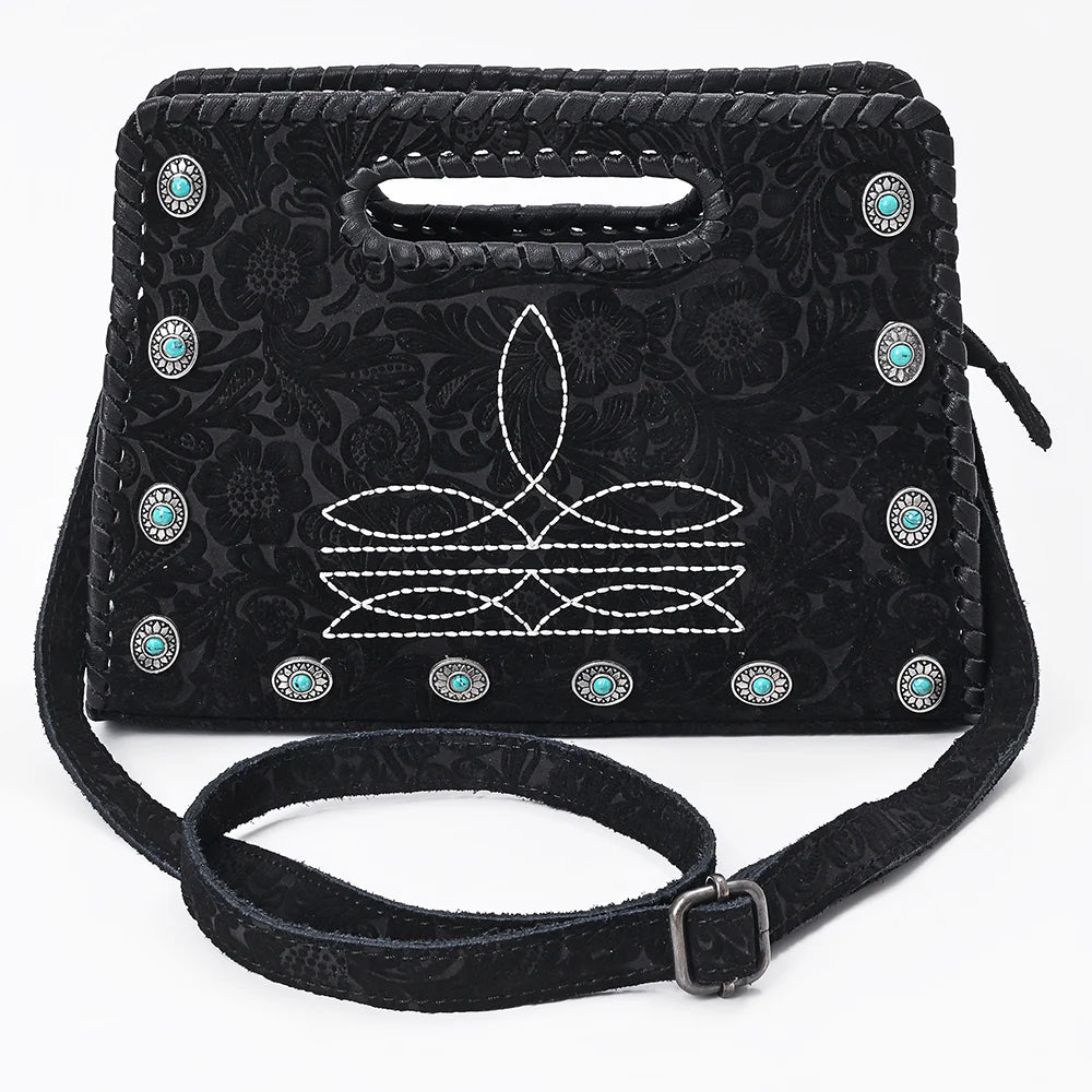 Clutch Bag Genuine Leather Western Crossbody with Turquoise Studs and Boot Stitch