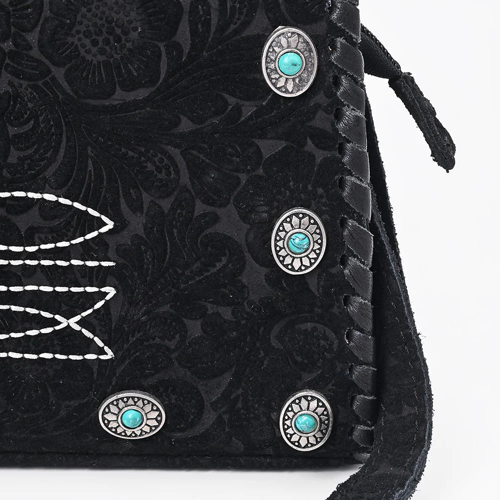 Clutch Bag Genuine Leather Western Crossbody with Turquoise Studs and Boot Stitch