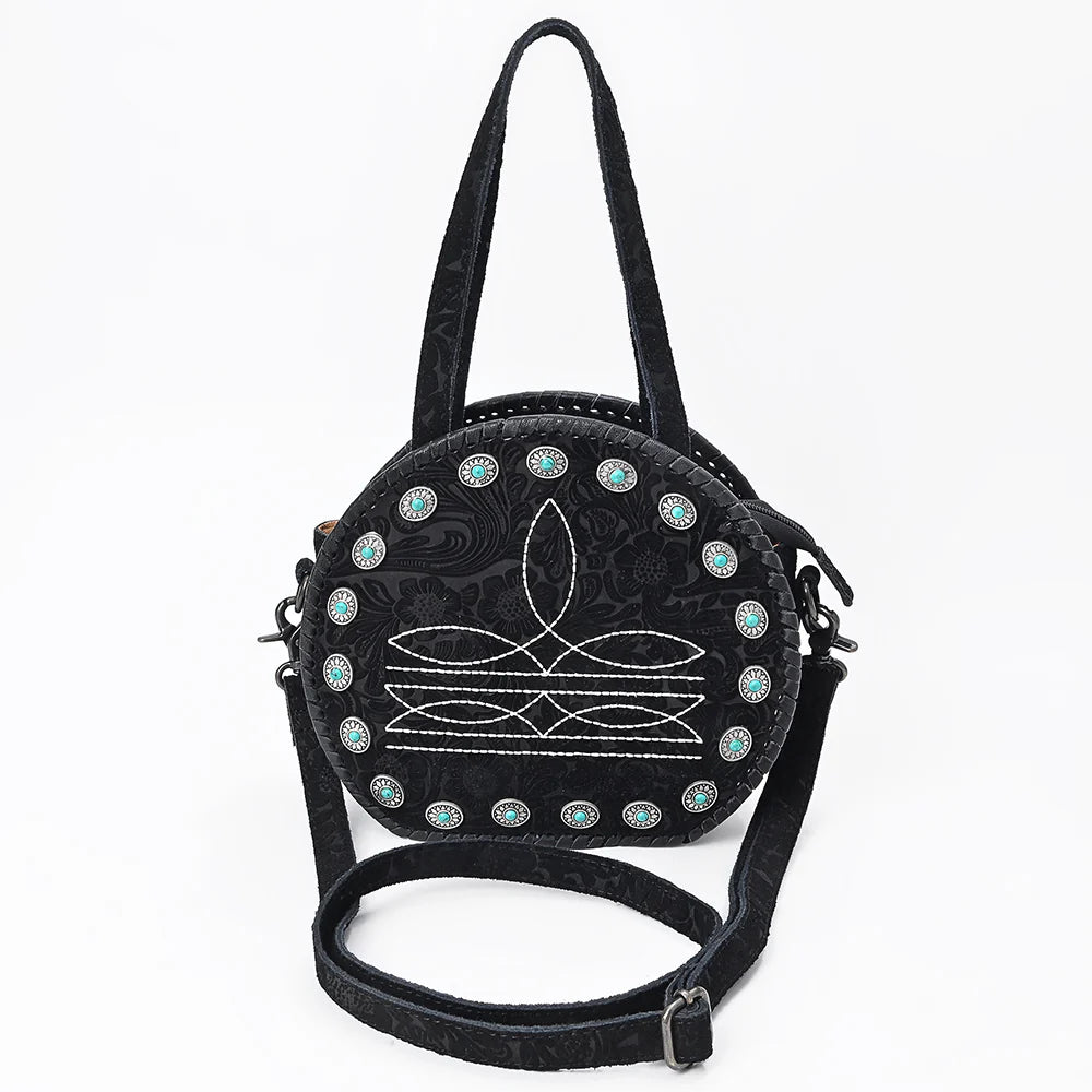 Canteen Bag Western Hand-Tooled Genuine Leather Crossbody with Boot Stitching and Turquoise Conchos