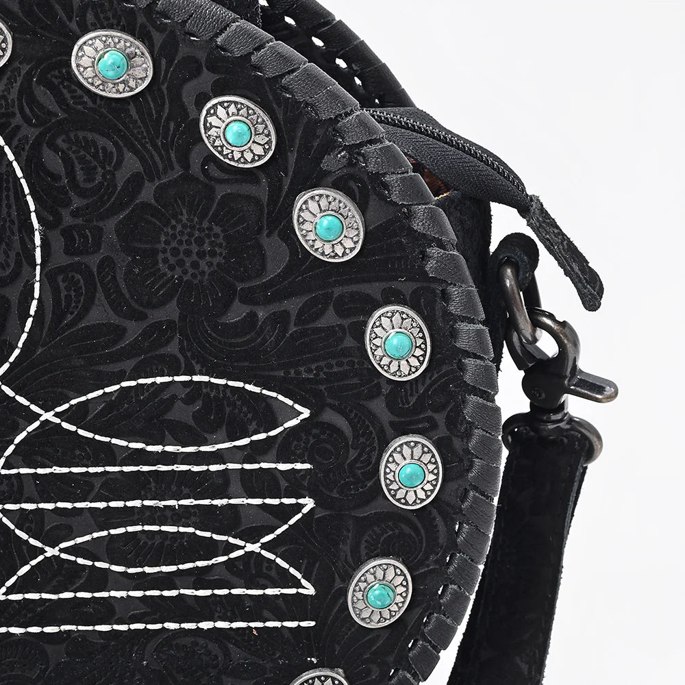 Canteen Bag Western Hand-Tooled Genuine Leather Crossbody with Boot Stitching and Turquoise Conchos