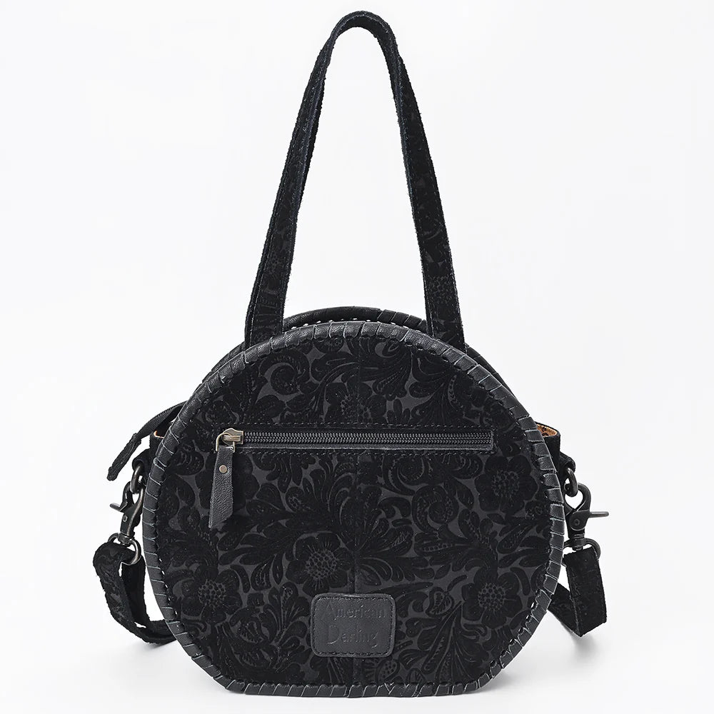 Canteen Bag Western Hand-Tooled Genuine Leather Crossbody with Boot Stitching and Turquoise Conchos