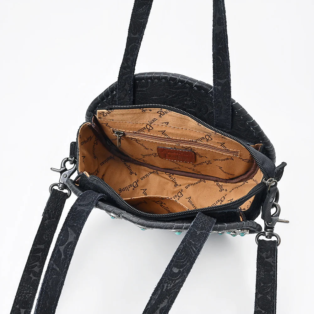 Canteen Bag Western Hand-Tooled Genuine Leather Crossbody with Boot Stitching and Turquoise Conchos