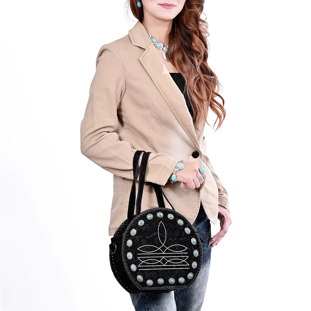 Canteen Bag Western Hand-Tooled Genuine Leather Crossbody with Boot Stitching and Turquoise Conchos