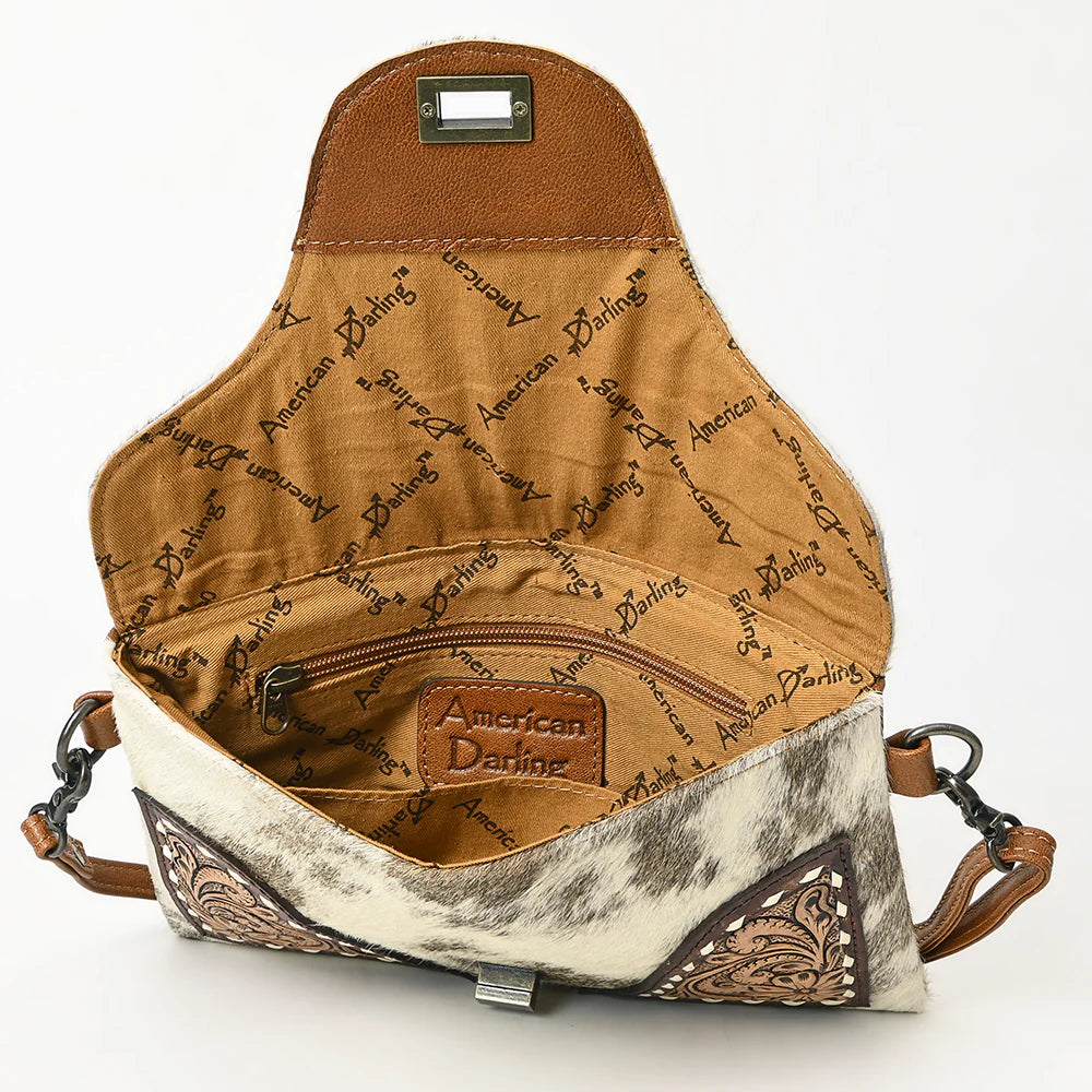 Hair-On Cowhide & Hand Tooled Leather Crossbody Clutch - Western Turn-Lock Flap