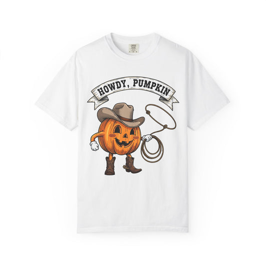 Howdy Pumpkin T-Shirt for Fall, Unisex Garment-Dyed Tee, Halloween Apparel, Autumn Fashion, Cowboy Style Shirt, Seasonal Gift