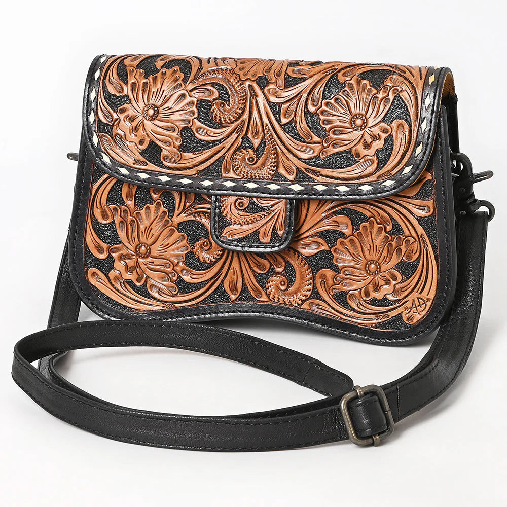 Tooled Leather Crossbody Bag in Black & Tan Western Floral Scroll Design