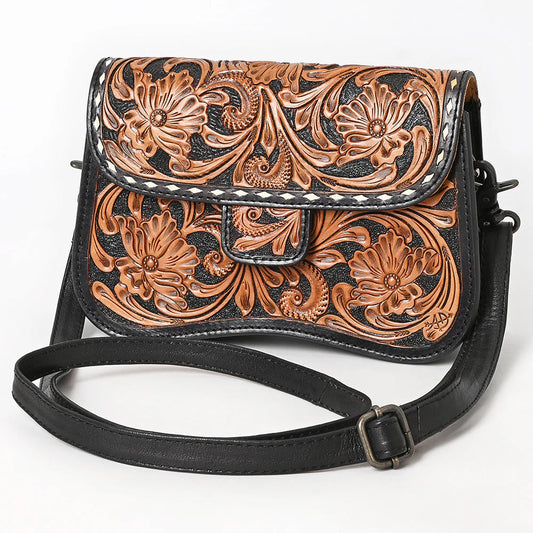 Tooled Leather Crossbody Bag in Black & Tan Western Floral Scroll Design