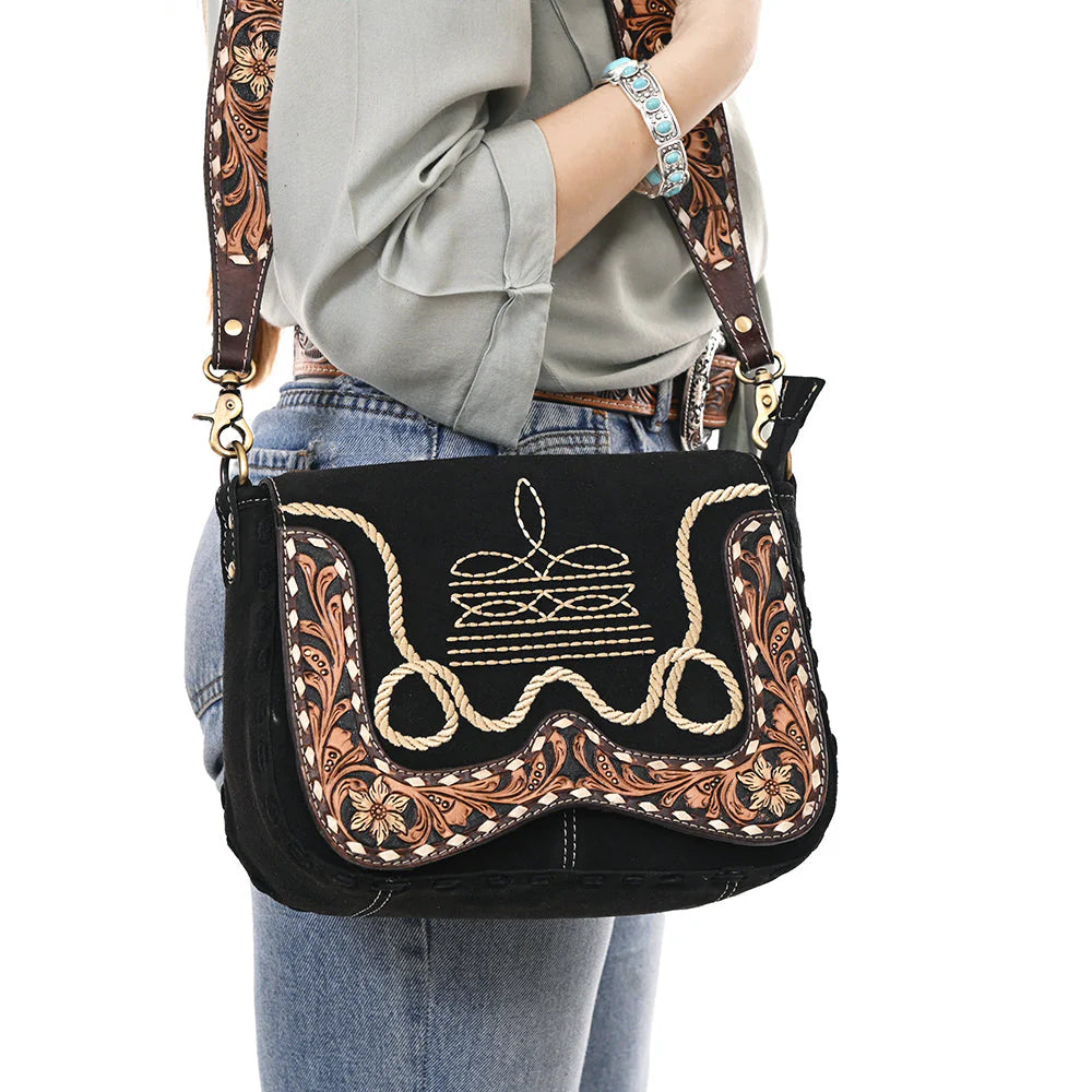 Western Crossbody Flap Bag with Tooled Leather Strap & Rope Stitch Embroidery