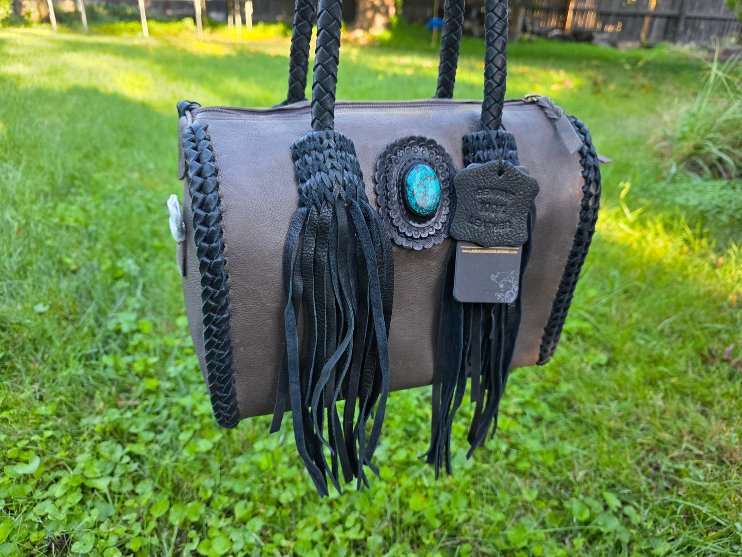 Western Braided Fringe Duffel with Turquoise Concho Genuine Leather