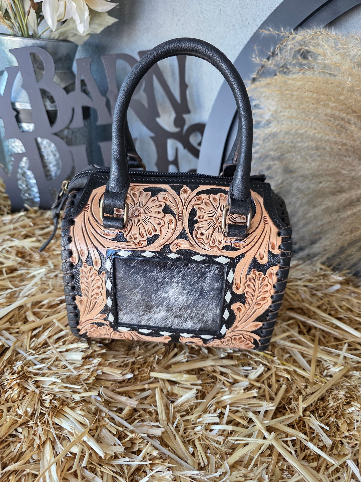 Mini Duffle bag with tooling with cowhide