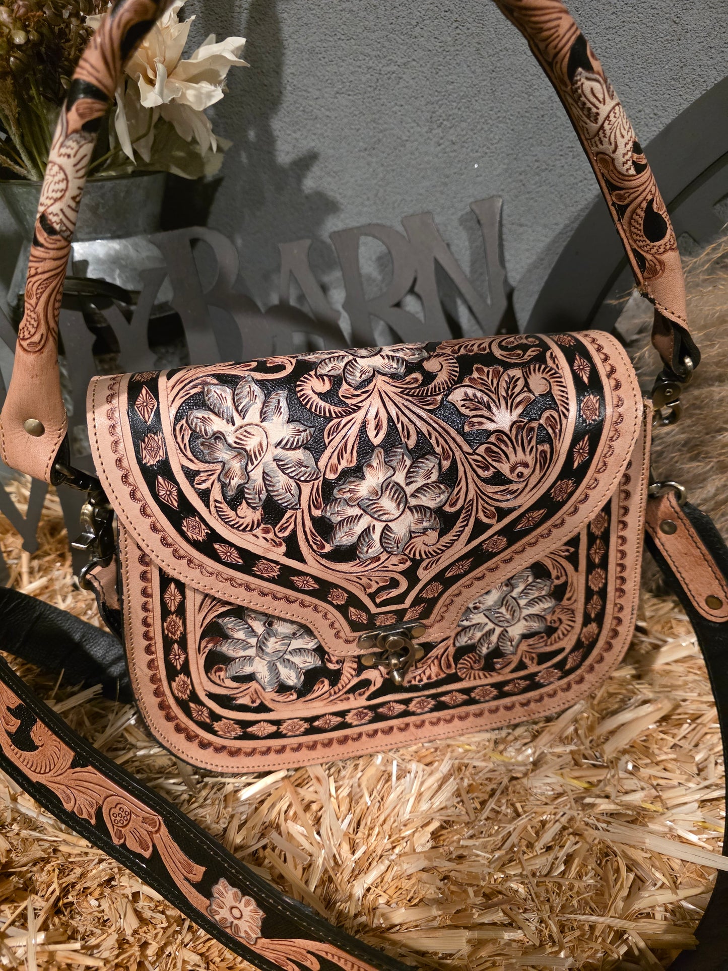 MIDNIGHT FLORAL TOOLED SADDLE BAG