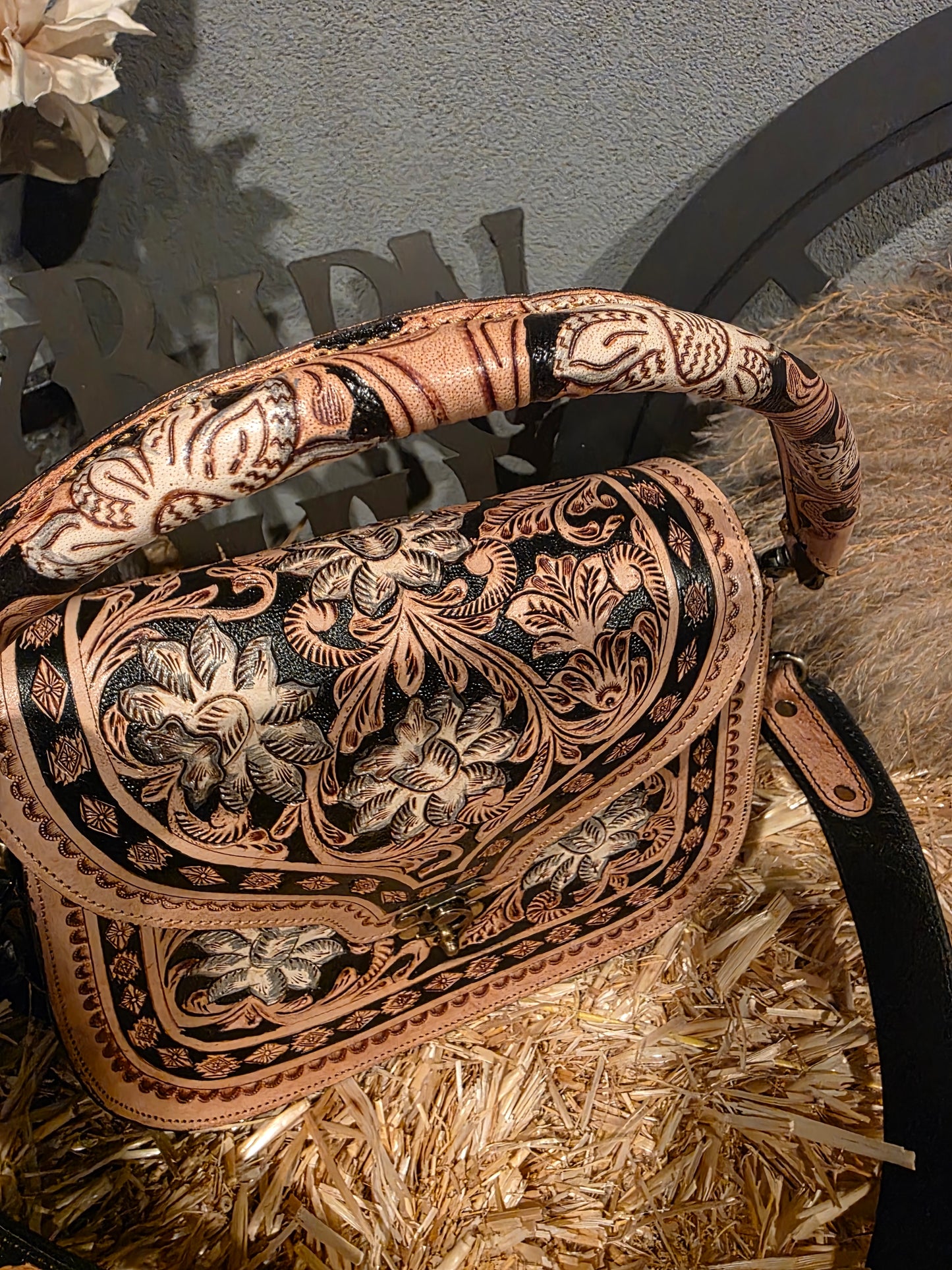 MIDNIGHT FLORAL TOOLED SADDLE BAG
