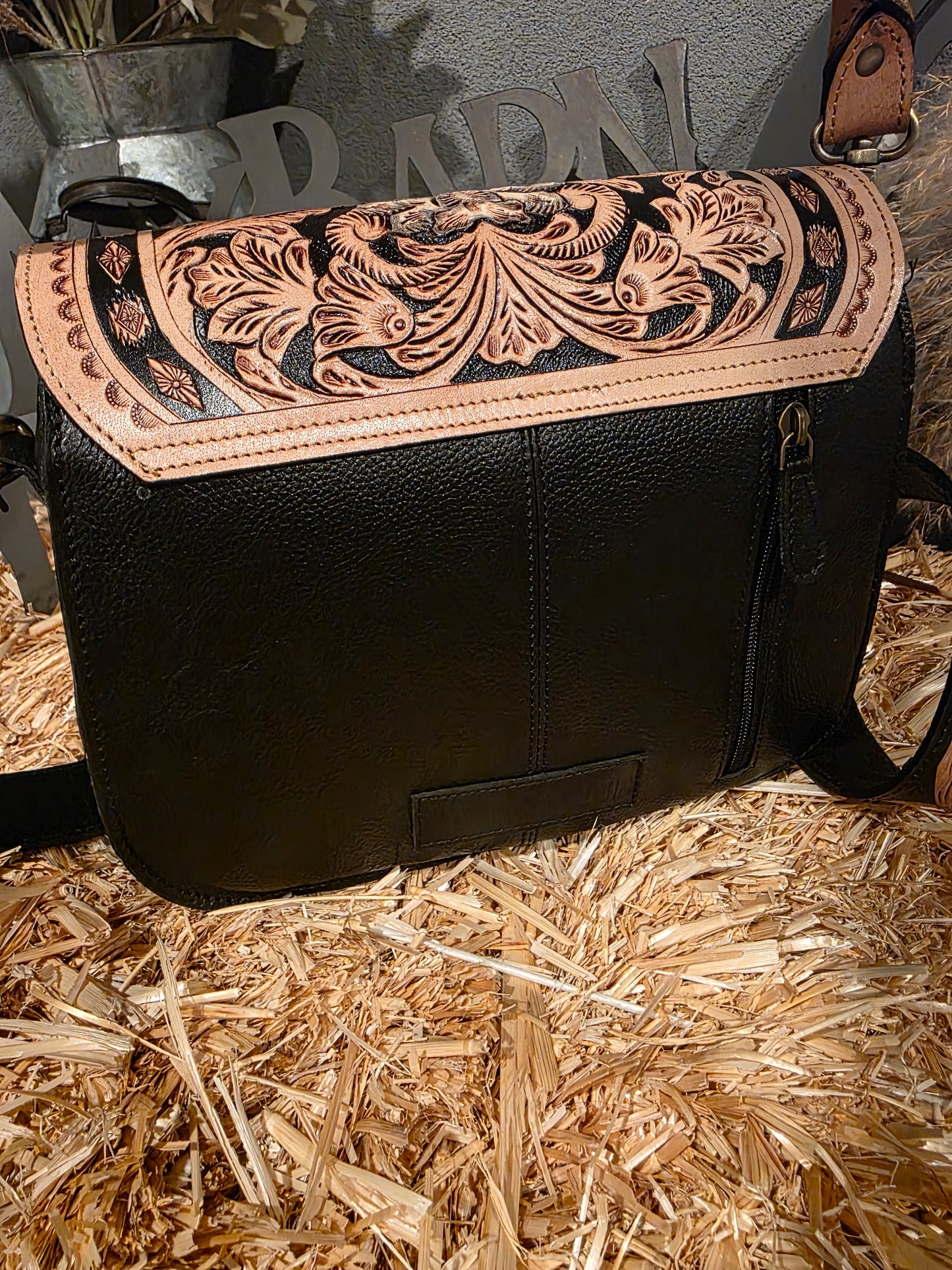 MIDNIGHT FLORAL TOOLED SADDLE BAG