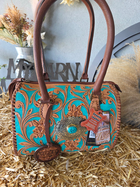 TEAL AND BROWN DUFFLE