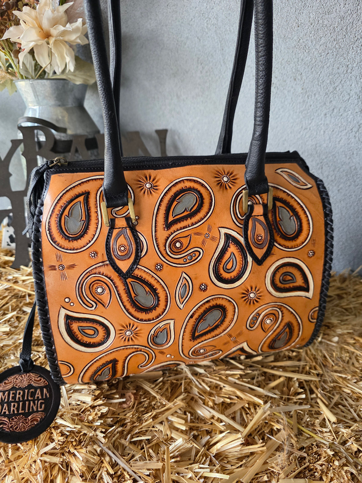 American Darling Western Leather Duffle Bag with Paisley Tooled Design