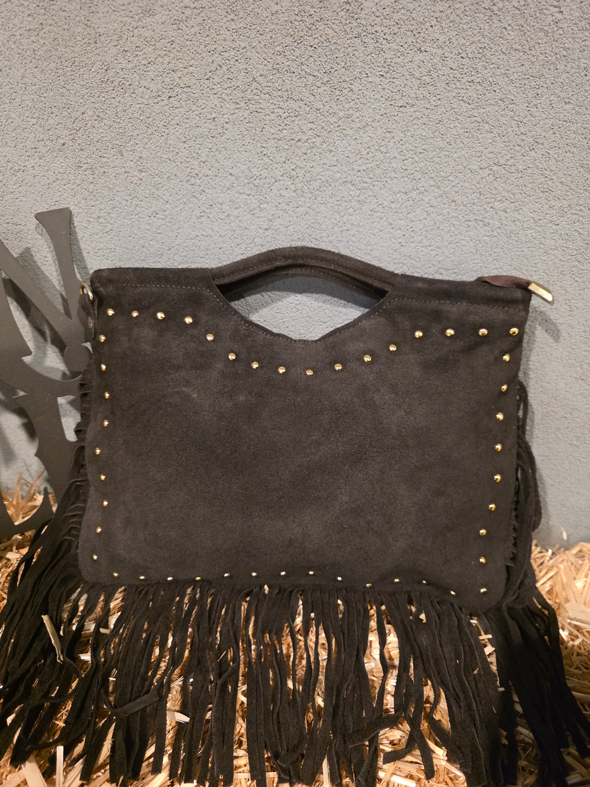 ITALIAN SUEDE LEATHER STUDDED FRINGE HANDBAG
