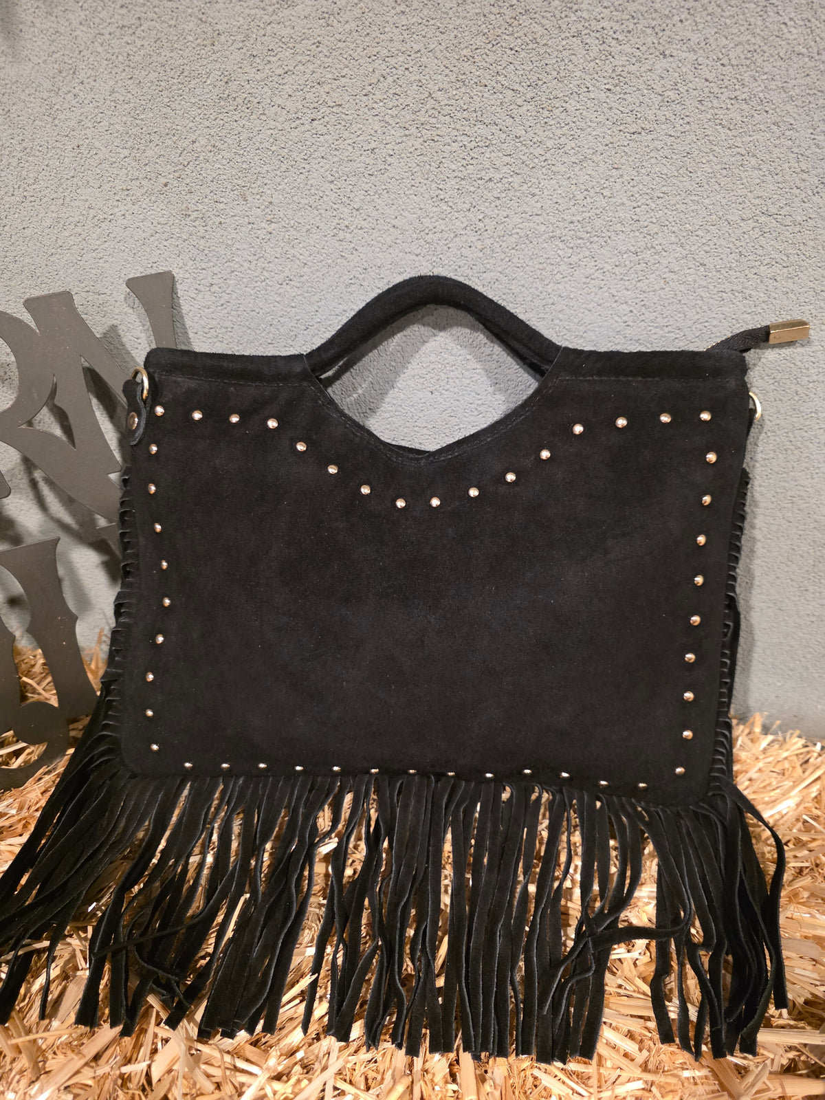 ITALIAN SUEDE LEATHER STUDDED FRINGE HANDBAG