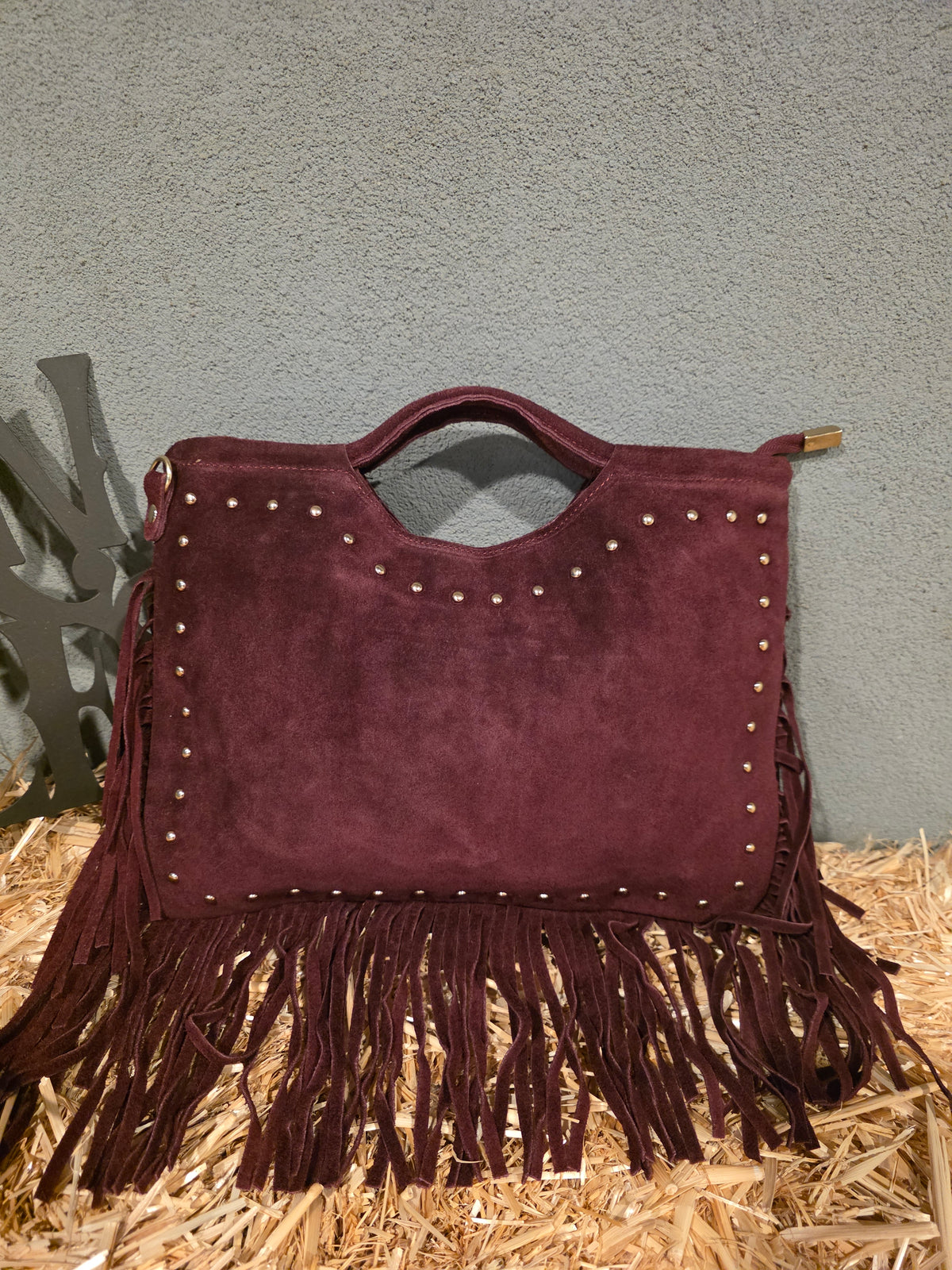 ITALIAN SUEDE LEATHER STUDDED FRINGE HANDBAG