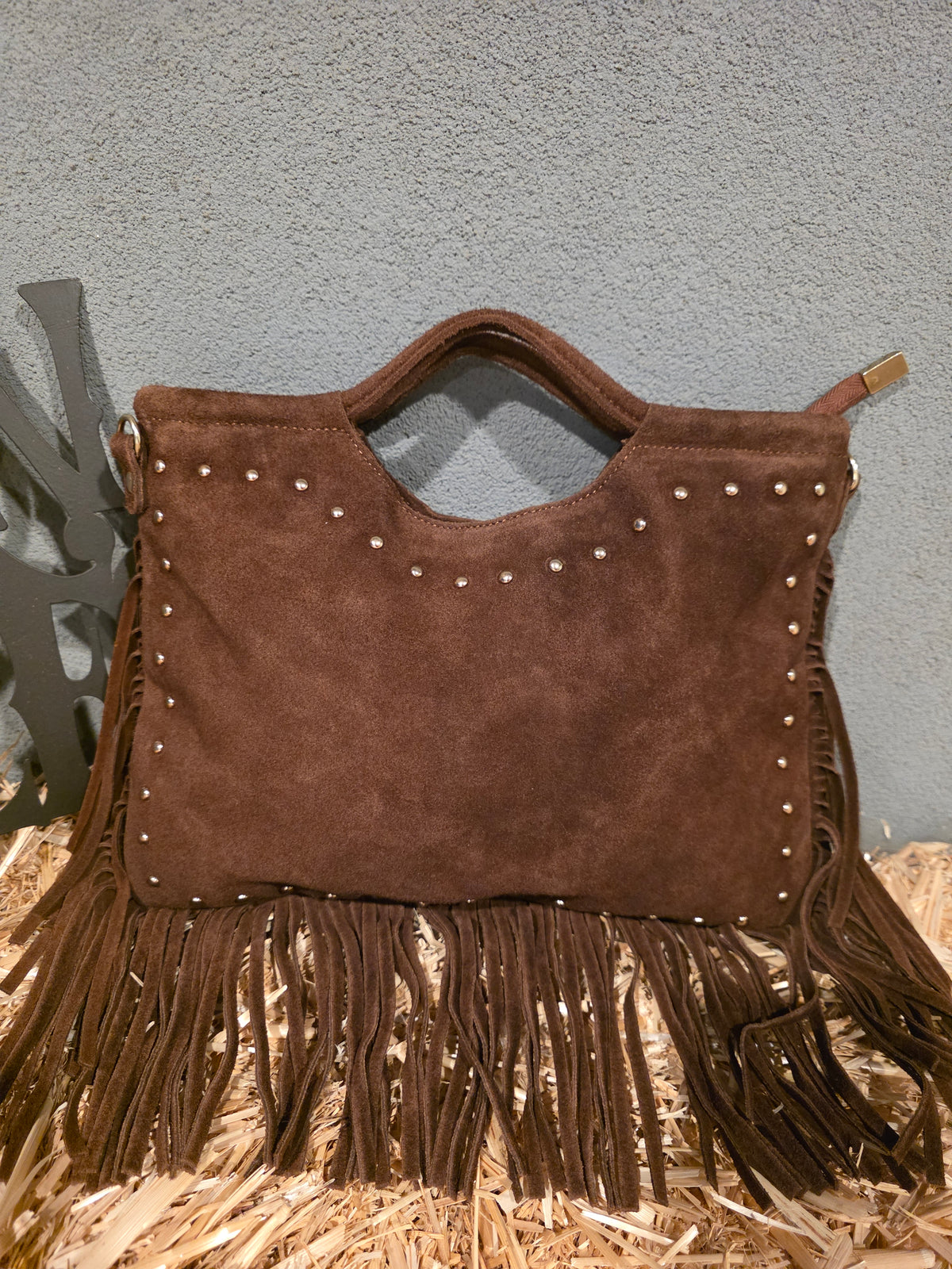 ITALIAN SUEDE LEATHER STUDDED FRINGE HANDBAG